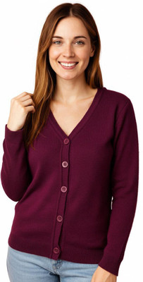 Nxtwin Solid V Neck Casual Women Maroon Sweater