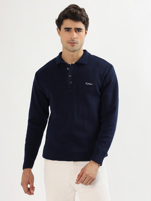 kveto Solid Collared Neck Casual Men Dark Blue Sweater