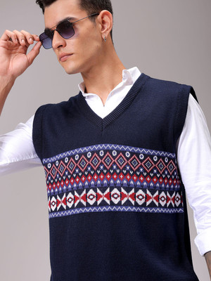 The Indian Garage Co. Argyle V Neck Casual Men Dark Blue Sweater
