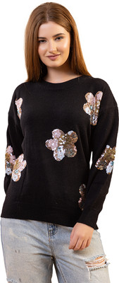 GFO Printed Round Neck Casual Women Black Sweater
