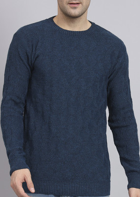 eWools Self Design Round Neck Party Men Dark Blue Sweater