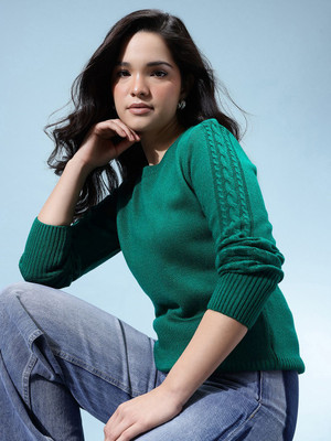 Glitchez Self Design Round Neck Casual Women Green Sweater