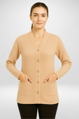 Basis Self Design V Neck Casual Women Beige Sweater