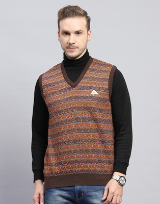 MONTE CARLO Self Design V Neck Casual Men Brown Sweater