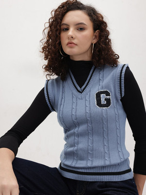 Roadster Self Design V Neck Casual Women Blue Sweater