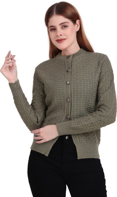 BRAZO Self Design Round Neck Casual Women Green Sweater