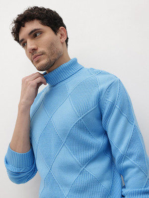 Roadster Self Design Turtle Neck Casual Men Blue Sweater