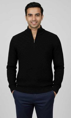WoolCraft Self Design Turtle Neck Casual Men Black Sweater