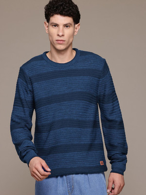 Roadster Striped Round Neck Casual Men Blue Sweater