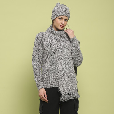 MADAME Solid Round Neck Casual Women Grey Sweater