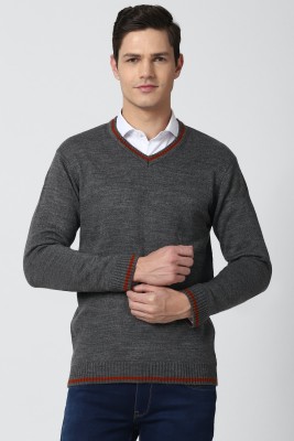 PETER ENGLAND Solid V Neck Casual Men Grey Sweater