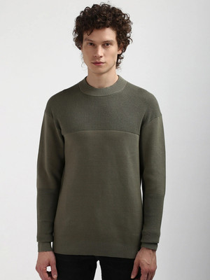 Calvin Klein Jeans Self Design Crew Neck Casual Men Green Sweater