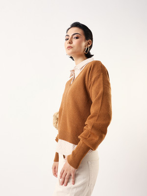 High Star Woven V Neck Casual Women Brown Sweater