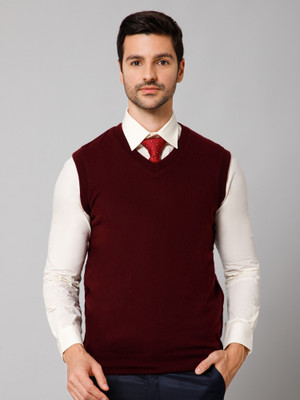CANTABIL Solid V Neck Casual Men Reversible Maroon Sweater