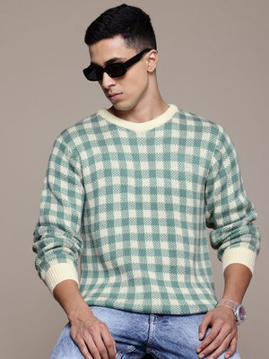 Roadster Checkered Round Neck Casual Men Green Sweater