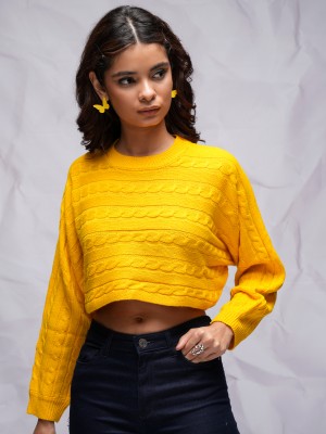 Tokyo Talkies Self Design Round Neck Casual Women Yellow Sweater