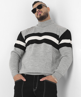 Instafab Plus Colorblock Turtle Neck Casual Men Grey Sweater