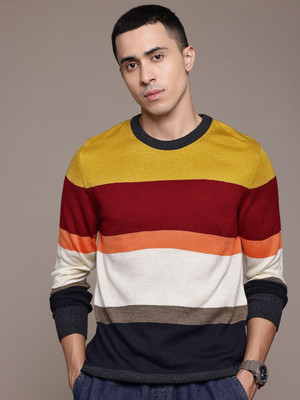 Roadster Striped Round Neck Casual Men Yellow Sweater