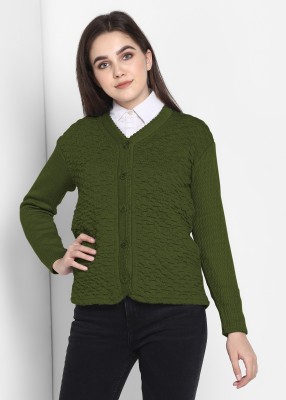 Pivl Self Design V Neck Casual Women Green Sweater