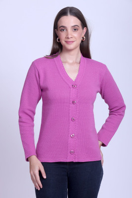 HouseOfCommon Self Design V Neck Casual Women Pink Sweater