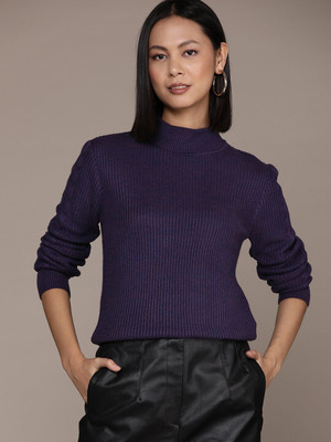 Roadster Solid Round Neck Casual Women Blue Sweater