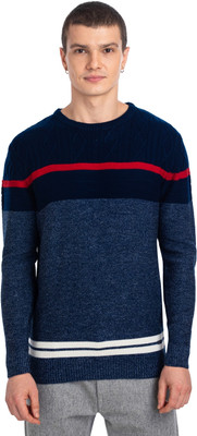 AXMANN Colorblock Round Neck Casual Men Blue Sweater