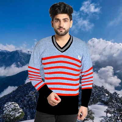 FUTUREGEMS Striped V Neck Casual Men Multicolor Sweater