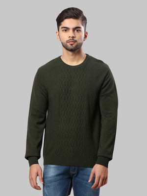 Raymond Self Design Round Neck Casual Men Dark Green Sweater