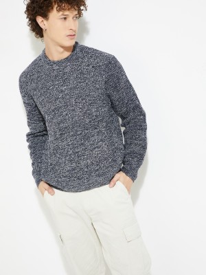 MAX Solid Round Neck Casual Men Blue Sweater