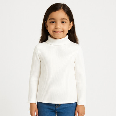 Chiclift Solid High Neck Casual Baby Girls White Sweater