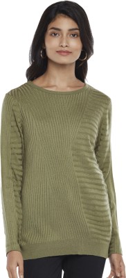 Honey By Pantaloons Self Design Round Neck Casual Women Green Sweater