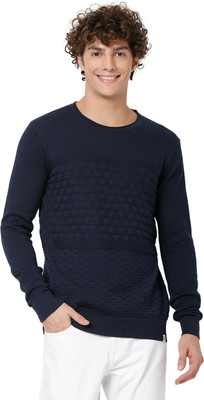 MUFTI Self Design Round Neck Casual Men Blue Sweater