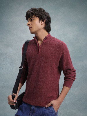 Roadster Solid High Neck Casual Men Maroon Sweater
