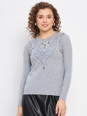 DUKE Self Design Round Neck Casual Women Grey Sweater