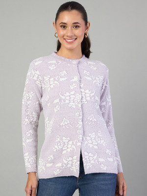 DUKE Floral Print Round Neck Casual Women Purple Sweater