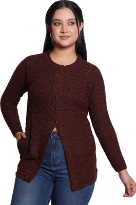 Varenyam Self Design Ruffle Neck Casual Women Brown Sweater