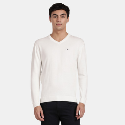 t-base Solid V Neck Casual Men White Sweater