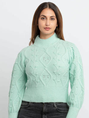 Status Quo Self Design High Neck Casual Women Light Green Sweater
