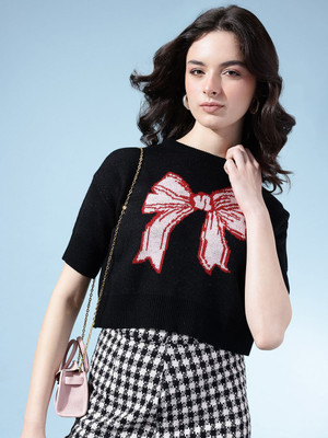 Glitchez Printed Round Neck Casual Women Black Sweater