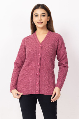 Dodge Self Design V Neck Casual Women Pink Sweater