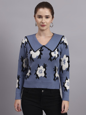 MODKLINE Floral Print Peter Pan Collar Casual Women Grey Sweater