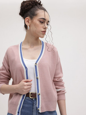 Roadster Striped V Neck Casual Women Pink Sweater