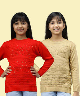 ANIXA Self Design Round Neck Casual Girls Beige, Red Sweater
