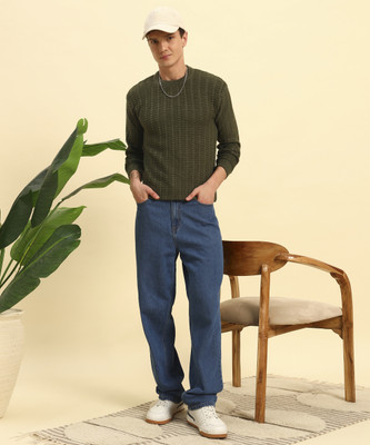 CANBLAR Striped Round Neck Casual Men Green Sweater