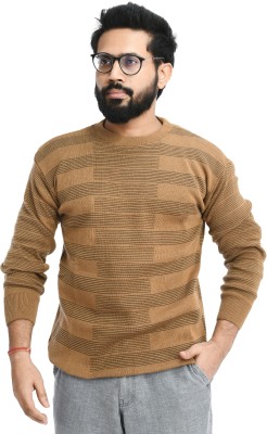 manra Striped Round Neck Casual Men Beige Sweater