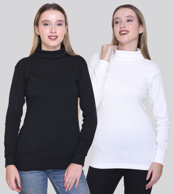 METRONAUT Solid High Neck Casual Women Black, White Sweater