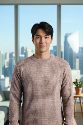 Cat Bunny Solid Round Neck Casual Men Beige Sweater