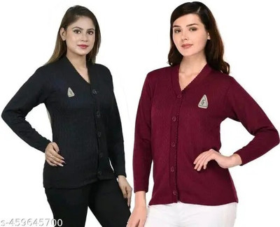 Aaradhana Solid V Neck Casual Women Black, Maroon Sweater