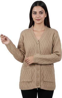 nageshwar Self Design V Neck Casual Women Beige Sweater