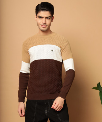 HELL BOUND Colorblock Round Neck Casual Men Brown Sweater